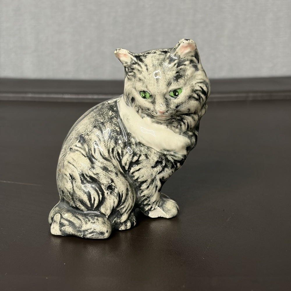Vintage Ceramic Gray Tabby Cat Kitten Figurine Sitting Miniature 3"